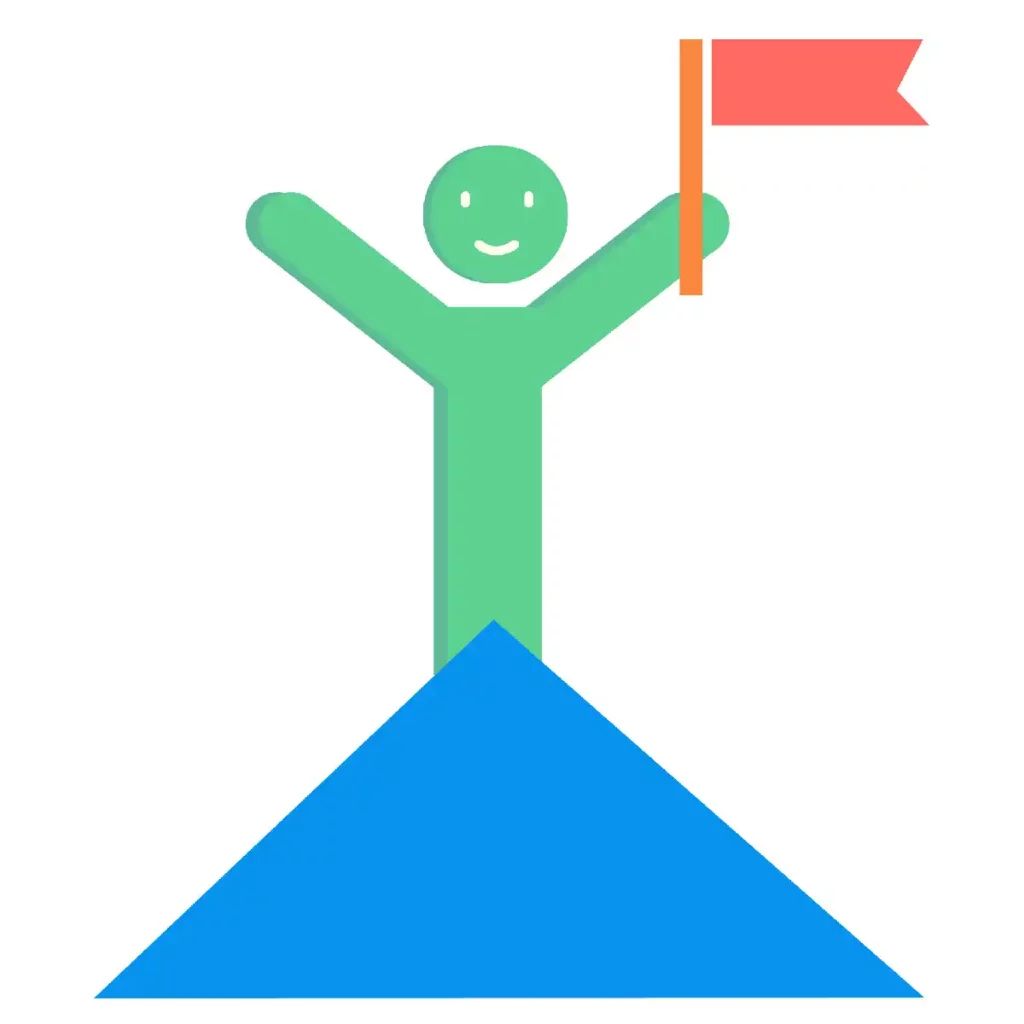 Bonhomme vert au dessus d'un triangle qui tient un drapeau rouge.